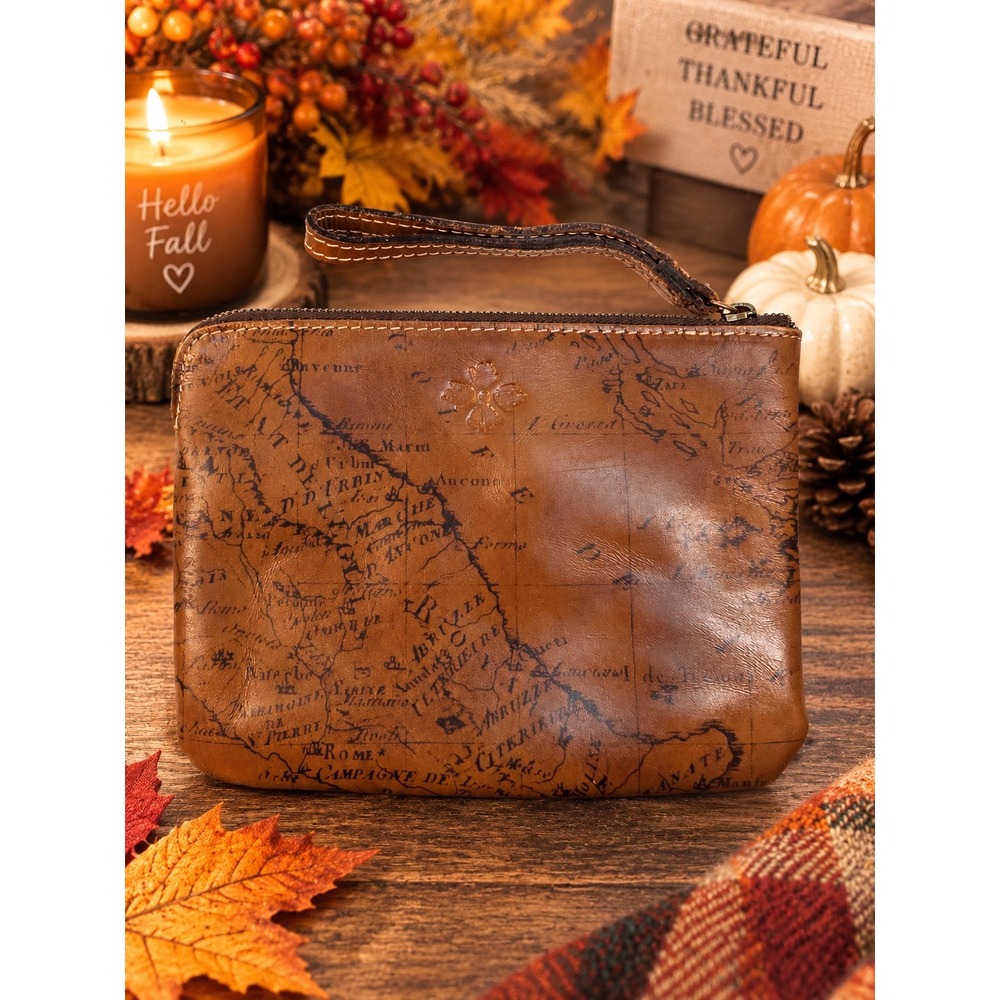 Patricia Nash Leather Map Print Wristlet Clutch Bag Brown Vintage Style Pouch